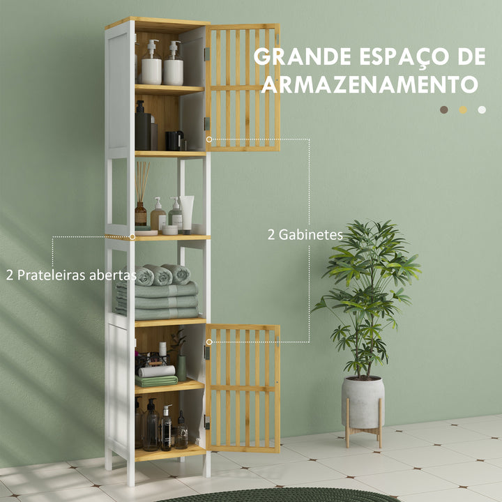 Coluna de Casa de Banho Armário Alto de Casa de Banho com 2 Estantes Abertos 2 Armários com Portas de Ripas e Prateleiras Ajustáveis 32x30x172 cm Branco