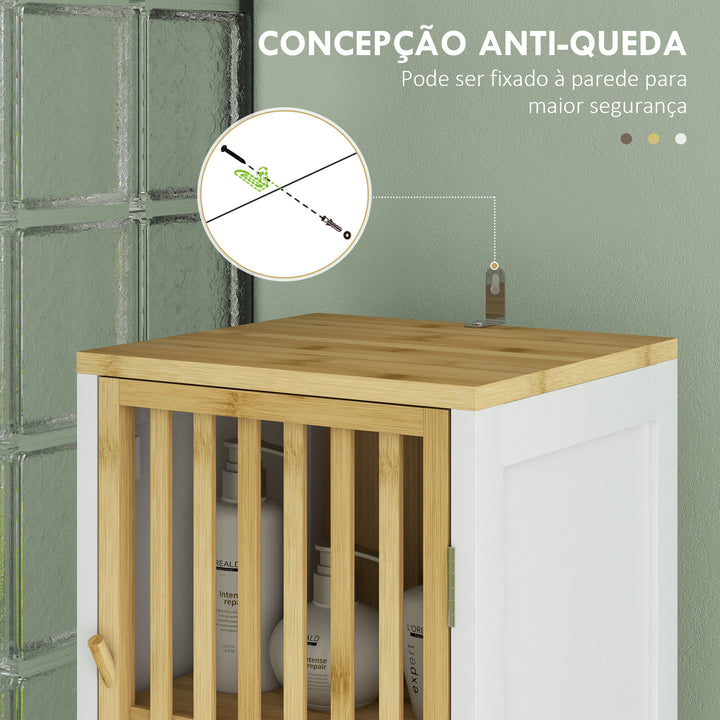Coluna de Casa de Banho Armário Alto de Casa de Banho com 2 Estantes Abertos 2 Armários com Portas de Ripas e Prateleiras Ajustáveis 32x30x172 cm Branco