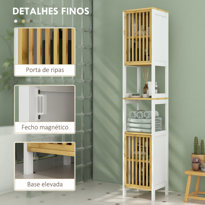 Coluna de Casa de Banho Armário Alto de Casa de Banho com 2 Estantes Abertos 2 Armários com Portas de Ripas e Prateleiras Ajustáveis 32x30x172 cm Branco