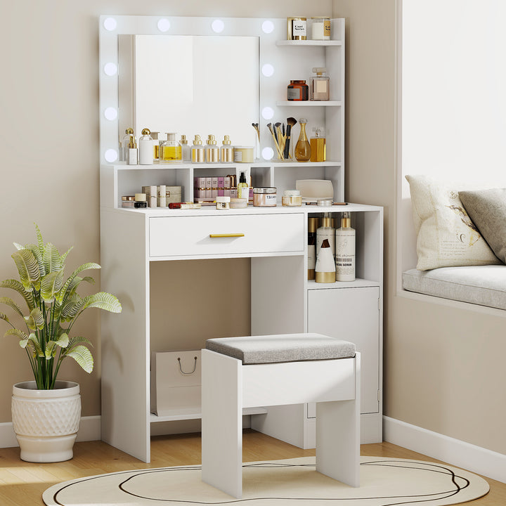 Toucador de Maquilhagem com Luzes LED e Banco Toucador com Espelho 10 Lâmpadas LED Gaveta Prateleiras Compartimentos Abertos para Quarto Closet Branco