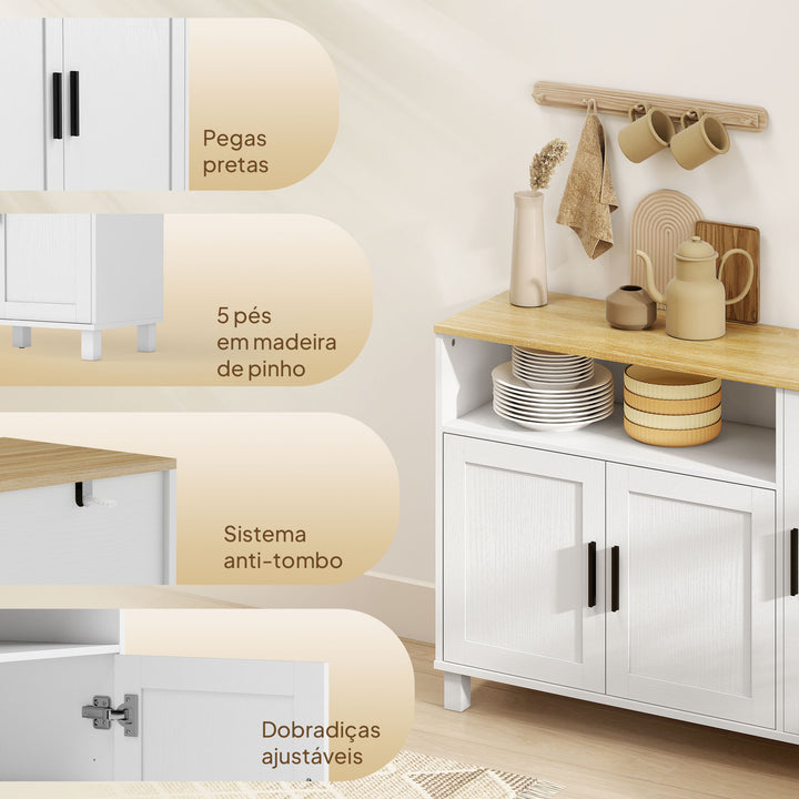 Aparador de 3 Portas de Fecho Suave Aparador de Sala com Prateleiras Ajustáveis Compartimento Aberto Pernas de Madeira para Cozinha Entrada Quarto 110x33x75 cm Branco
