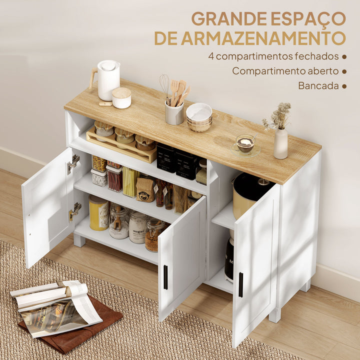 Aparador de 3 Portas de Fecho Suave Aparador de Sala com Prateleiras Ajustáveis Compartimento Aberto Pernas de Madeira para Cozinha Entrada Quarto 110x33x75 cm Branco