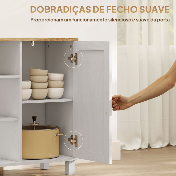 Aparador de 3 Portas de Fecho Suave Aparador de Sala com Prateleiras Ajustáveis Compartimento Aberto Pernas de Madeira para Cozinha Entrada Quarto 110x33x75 cm Branco