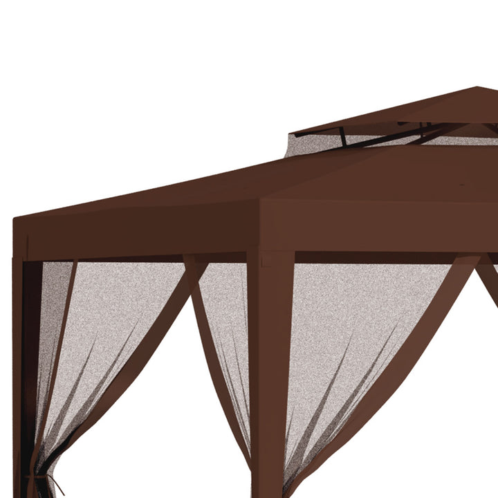 Pérgola de Jardim 297x297x268 cm Pérgola com 4 Redes Mosquiteiras Laterais com Fecho de Correr Teto de Ventilação e 8 Orifícios de Drenagem Pérgola para Terraço Pátio Exterior Marrom