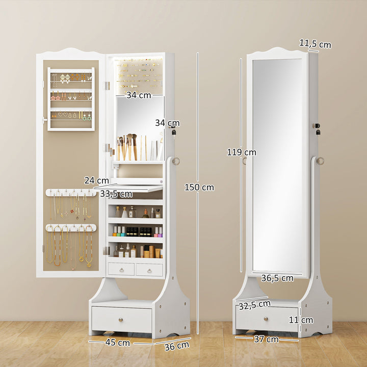 Espelho de Joias com Luzes LED Armário para Joias Armário com Espelho de Ângulo Ajustável Gavetas Mesa Interior Dobrável Fecho Luzes com Desligar Automático Branco