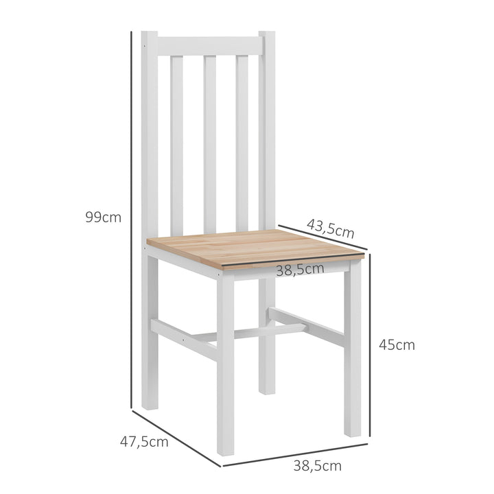 Conjunto de 2 Cadeiras de Sala de Jantar Cadeiras de Cozinha com Encosto de Ripas Estrutura de Madeira de Pinho para Sala de Estar Capacidade 120 kg 38,5x47,5x99 cm Branco