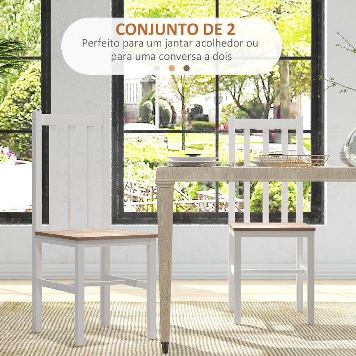 Conjunto de 2 Cadeiras de Sala de Jantar Cadeiras de Cozinha com Encosto de Ripas Estrutura de Madeira de Pinho para Sala de Estar Capacidade 120 kg 38,5x47,5x99 cm Branco