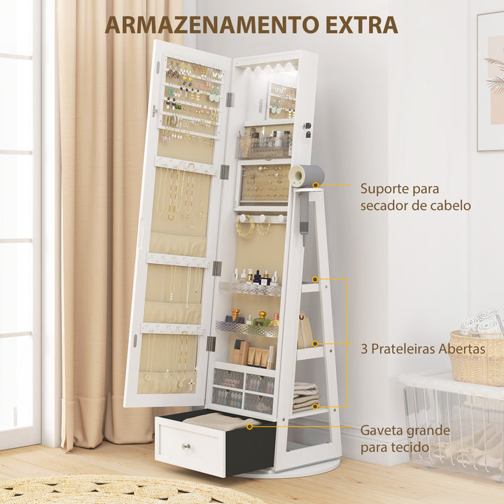 Espelho de Pé Giratório 360° com Espelho com Interior Iluminado Organizador de Jóias com Espelho de Corpo Inteiro Prateleiras e Gavetas para Quarto ou Closet 56x56x164 cm Madeira