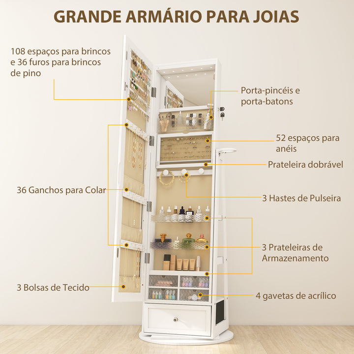 Espelho de Pé Giratório 360° com Espelho com Interior Iluminado Organizador de Jóias com Espelho de Corpo Inteiro Prateleiras e Gavetas para Quarto ou Closet 56x56x164 cm Madeira