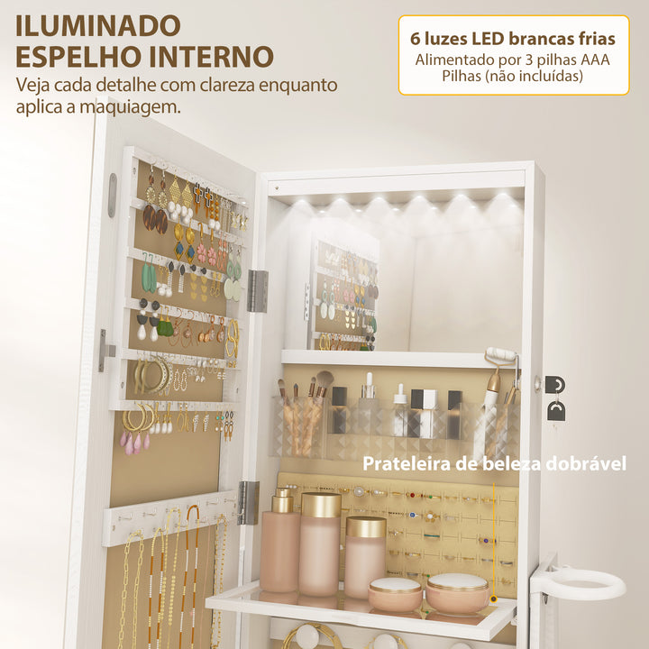 Espelho de Pé Giratório 360° com Espelho com Interior Iluminado Organizador de Jóias com Espelho de Corpo Inteiro Prateleiras e Gavetas para Quarto ou Closet 56x56x164 cm Madeira