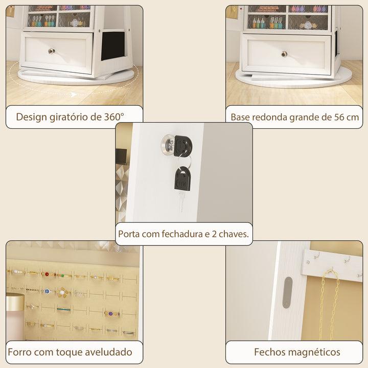 Espelho de Pé Giratório 360° com Espelho com Interior Iluminado Organizador de Jóias com Espelho de Corpo Inteiro Prateleiras e Gavetas para Quarto ou Closet 56x56x164 cm Madeira