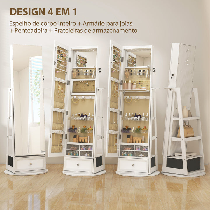 Espelho de Pé Giratório 360° com Espelho com Interior Iluminado Organizador de Jóias com Espelho de Corpo Inteiro Prateleiras e Gavetas para Quarto ou Closet 56x56x164 cm Madeira