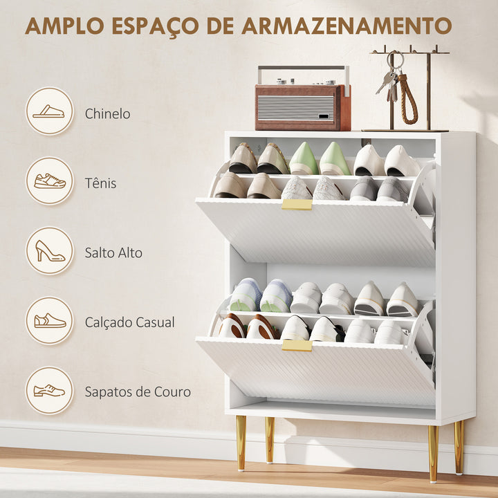 Sapateira Estreita com 2 Portas Canelada Sapateira para Entrada com Prateleiras Ajustáveis para 12 Pares de Sapatos 60x24x91,5 cm Branco