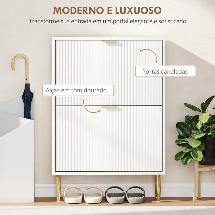 Sapateira Estreita com 2 Portas Canelada Sapateira para Entrada com Prateleiras Ajustáveis para 12 Pares de Sapatos 60x24x91,5 cm Branco