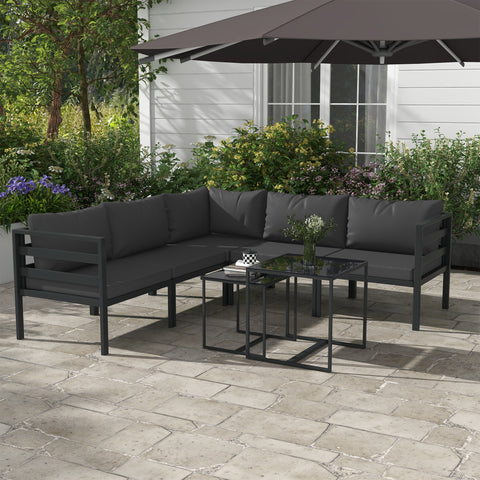 Conjunto de Móveis de Jardim 7 Peças Conjunto de Móveis de Terraço Inclui 4 Sofás de Exterior 1 Sofá de Canto e 2 Mesas de Centro com Almofadas para Pátio Cinza