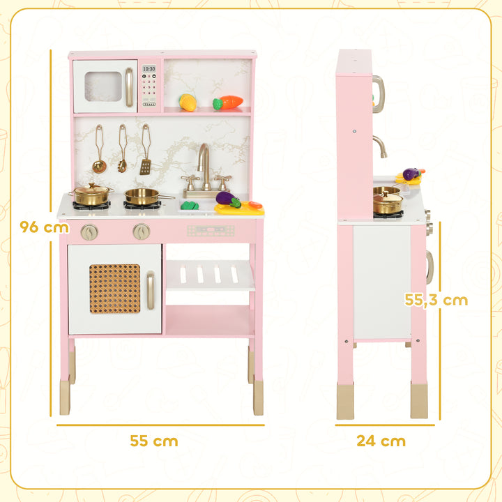 Cozinha de Brincar em Madeira com Som Cozinha Infantil com Acessórios em Aço Inoxidável Micro-Ondas Forno Lava-Loiças Legumes para Cortar para Crianças a Partir de 3 Anos 55x24x96 cm Rosa