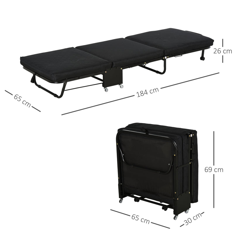 Cama Dobrável 184x65 cm Cama Dobrável Ajustável em 5 Níveis Rodas Universáis e Estrutura de Metal Carga Máxima 120 kg Preto