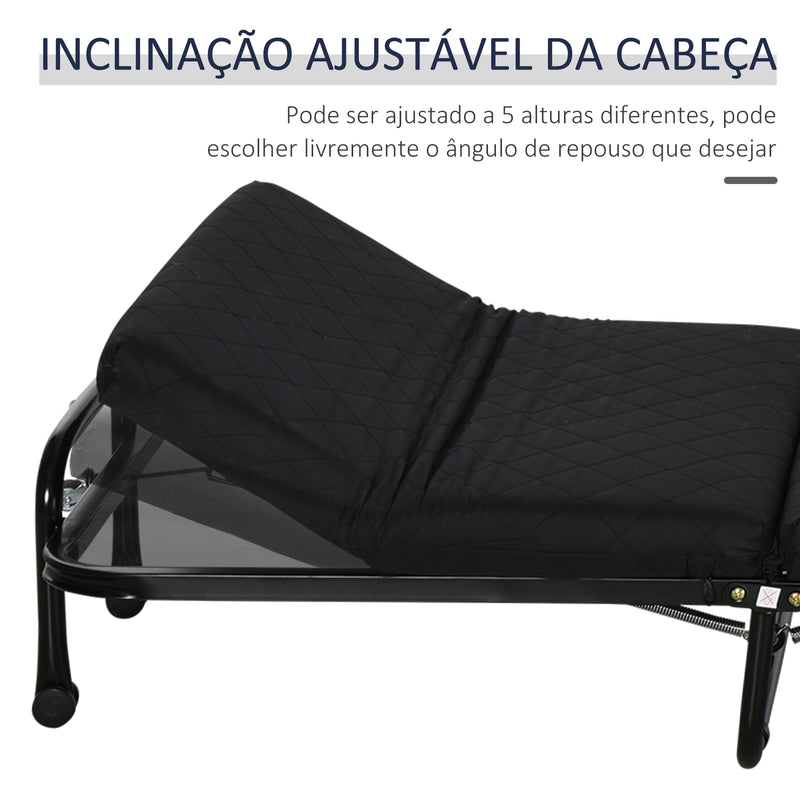 Cama Dobrável 184x65 cm Cama Dobrável Ajustável em 5 Níveis Rodas Universáis e Estrutura de Metal Carga Máxima 120 kg Preto