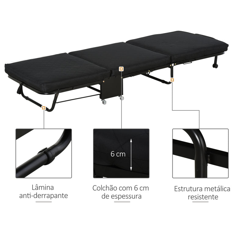 Cama Dobrável 184x65 cm Cama Dobrável Ajustável em 5 Níveis Rodas Universáis e Estrutura de Metal Carga Máxima 120 kg Preto