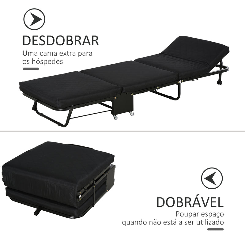 Cama Dobrável 184x65 cm Cama Dobrável Ajustável em 5 Níveis Rodas Universáis e Estrutura de Metal Carga Máxima 120 kg Preto