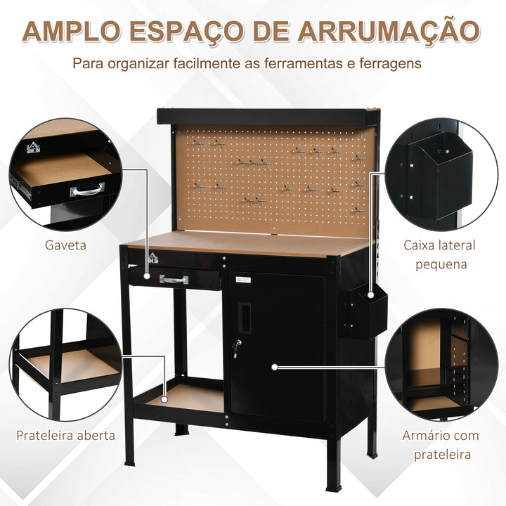 Bancada de Trabalho 98,5x48x140 cm Carga 100 kg Mesa de Trabalho com Painel Perfurado Gaveta Prateleira e Armário com Fechadura Preto