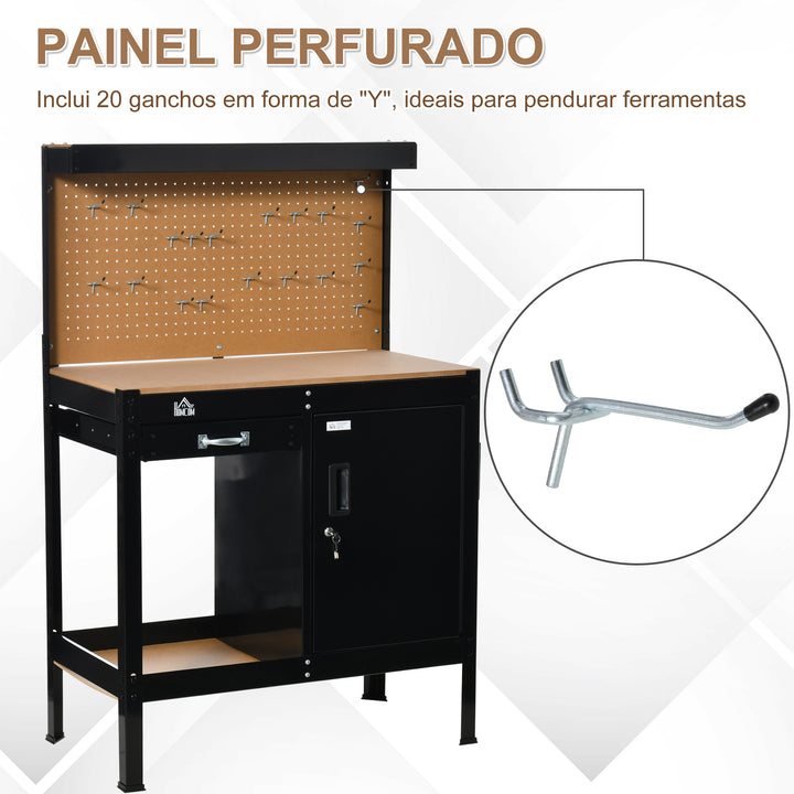 Bancada de Trabalho 98,5x48x140 cm Carga 100 kg Mesa de Trabalho com Painel Perfurado Gaveta Prateleira e Armário com Fechadura Preto