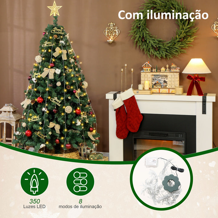Árvore de Natal de 180 cm com Decorações 200 Luzes LED Branco Quente Árvore de Natal Decorada com 8 Modos de Iluminação 650 Ramos Suporte de Aço Decoração para Casa Festa Interior Verde