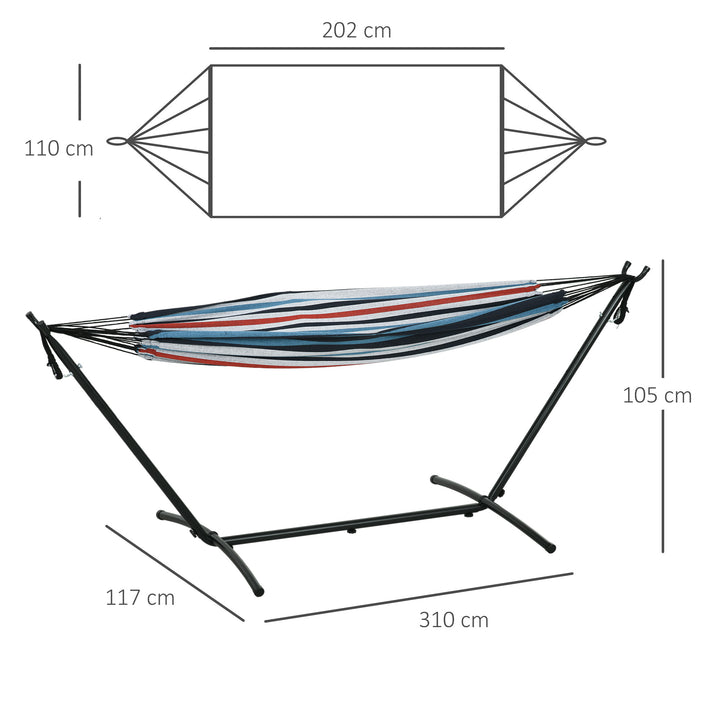 Cama Rede com Suporte 310x117 cm Cama Rede de Campismo com Bolsa de Transporte Portátil Altura Ajustável Capacidade 120 kg para Pátio Varanda Azul e Branco