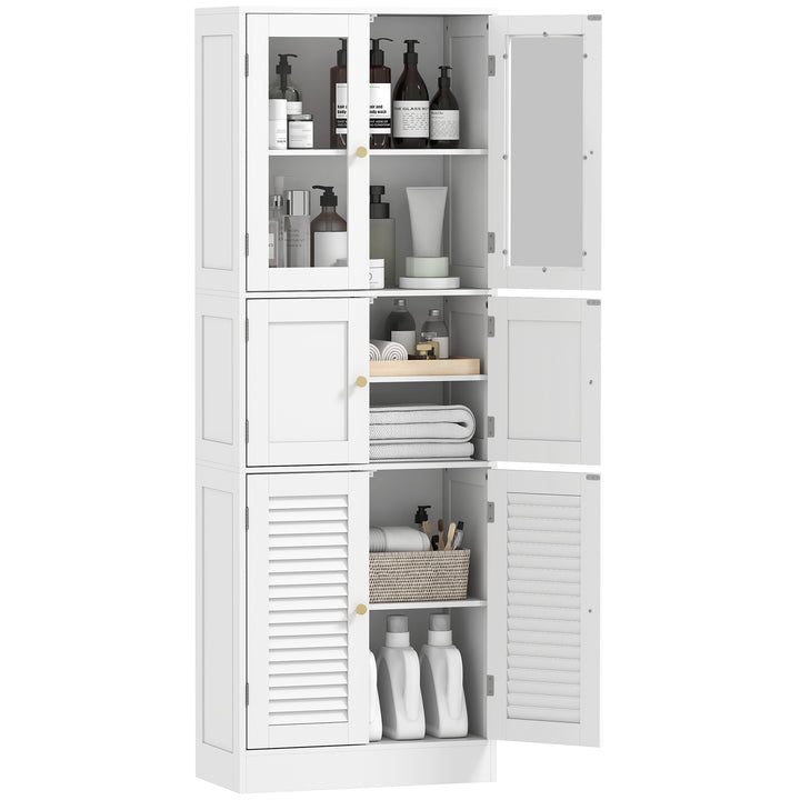 Armário de Casa de Banho Alto Coluna de Casa de Banho Estreita com Portas de Vidro Portas de Ripas e Prateleiras Ajustáveis 60x30x170 cm Branco