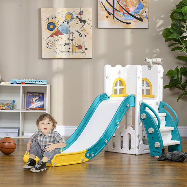 Escorrega Infantil 4 em 1 para Crianças de 1-3 Anos com Cesto de Basquetebol Telescópio Escalador e Espaço de Arrumação para Interior e Exterior 70x177x92 cm Amarelo e Verde