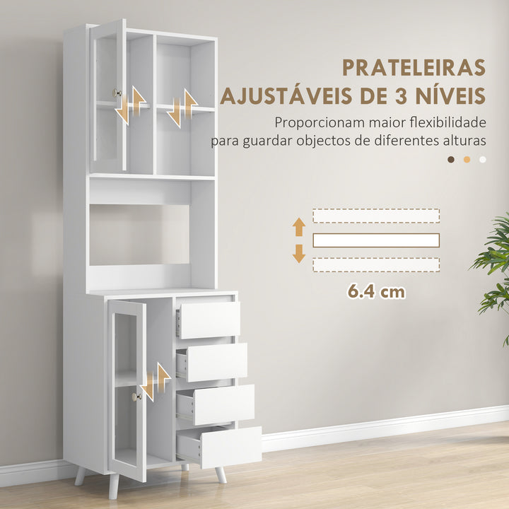 Armário de Cozinha com 2 Armários com Portas de Vidro Temperado 2 Compartimentos Abertos 4 Gavetas e Prateleiras Ajustáveis 60x35x180 cm Branco