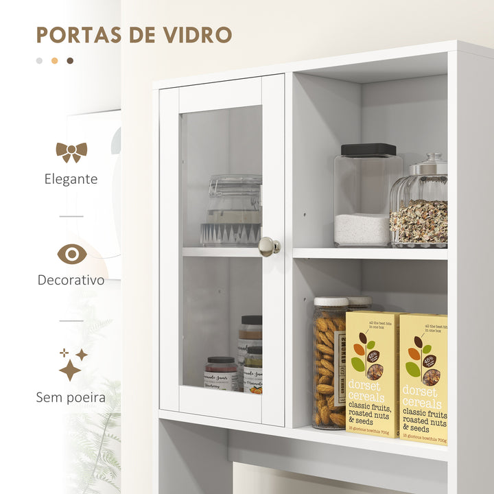 Armário de Cozinha com 2 Armários com Portas de Vidro Temperado 2 Compartimentos Abertos 4 Gavetas e Prateleiras Ajustáveis 60x35x180 cm Branco
