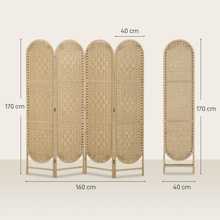 Biombo Separador de 4 Painéis 160x170 cm Painel de Privacidade Dobrável Boémio com Topo Arqueado Entrançado à Mão Divisória para Escritório e Quarto Madeira