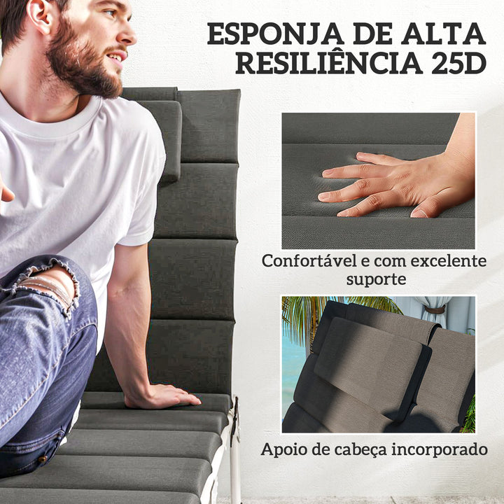 Conjunto de 2 Almofadas para Espreguiçadeira Dobráveis Almofadas para Espreguiçadeiras de Jardim 203x66x3 cm com Apoio para a Cabeça e Correias de Sujeição Cinza