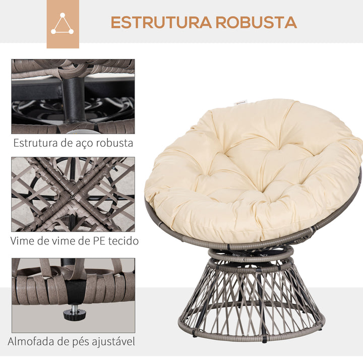 Poltrona Papasan Giratória de Vime Sintético Poltrona de Vime PE com Almofada e Estrutura de Aço Carga 160 kg para Jardim Terraço Pátio 87x97x90 cm Cinza e Creme