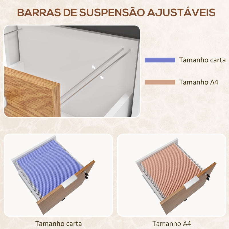 Bloco de Gavetas para Escritório Móvel Arquivador com 5 Rodas 2 Gavetas 2 Barras Penduradas para Pastas A4 Fechadura e 2 Chaves 42x40x60 cm Natural