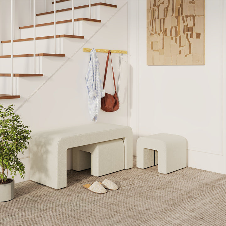 Conjunto de 3 Bancos Grande e 2 Pequenos Bancos Modernos em Veludo Design Compacto para Sala Entrada Corredor Quarto 104x44x48 cm Creme