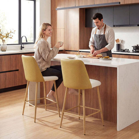 Conjunto de 2 Bancos de Bar Bancos Altos de Cozinha com Encosto e Descanso para os Pés Revestidos em Linho e PU, Estrutura de Aço Assento com 65 cm de Altura para Balcão, Sala de Jantar Castanho