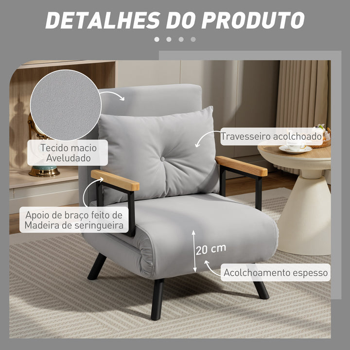 Poltrona Convertível em Cama Dobrável Poltrona 3 em 1 Convertível em Cama com Encosto Ajustável em 5 Níveis e Almofada Acolchoada Carga 120 kg 63x73x81 cm Cinza Claro