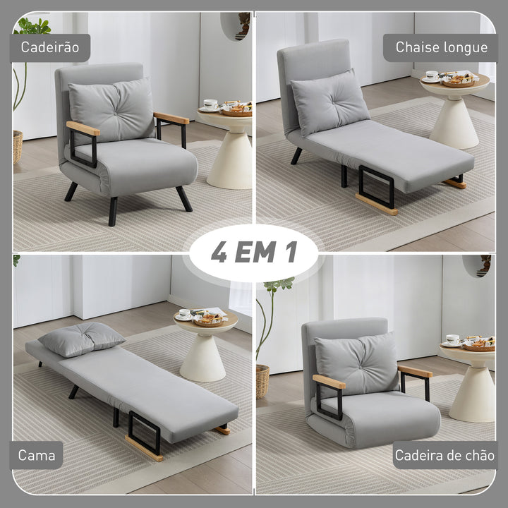 Poltrona Convertível em Cama Dobrável Poltrona 3 em 1 Convertível em Cama com Encosto Ajustável em 5 Níveis e Almofada Acolchoada Carga 120 kg 63x73x81 cm Cinza Claro