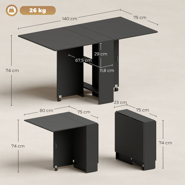 Mesa de Cozinha Dobrável Mesa de Madeira com 2 Prateleiras de Armazenamento e Laterais Dobráveis Estilo Moderno para Sala de Estar 75x140x74 cm Preto