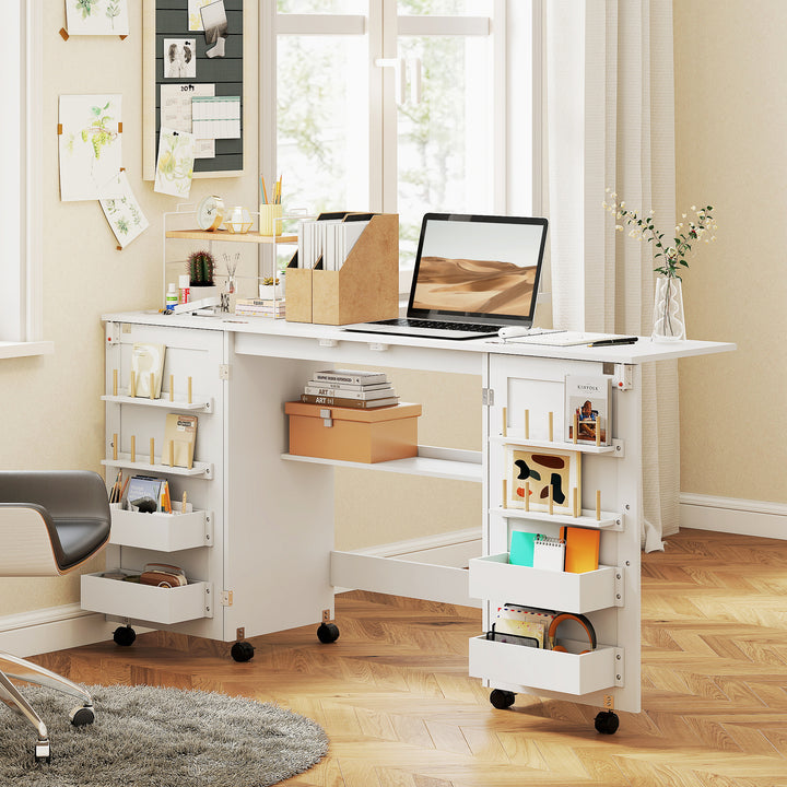 Mesa de Costura Dobrável com 6 Rodas Móvel para Máquina de Costura com 20 Pinos para Fios 4 Compartimentos Prateleira Armário de Costura para Estúdio Sala 160x40x81,5 cm Branco