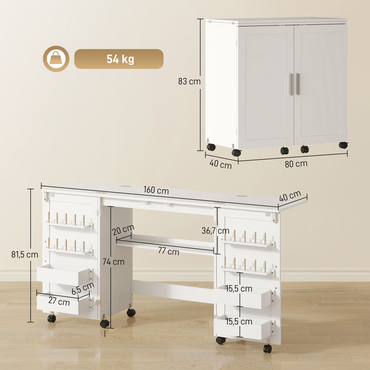 Mesa de Costura Dobrável com 6 Rodas Móvel para Máquina de Costura com 20 Pinos para Fios 4 Compartimentos Prateleira Armário de Costura para Estúdio Sala 160x40x81,5 cm Branco