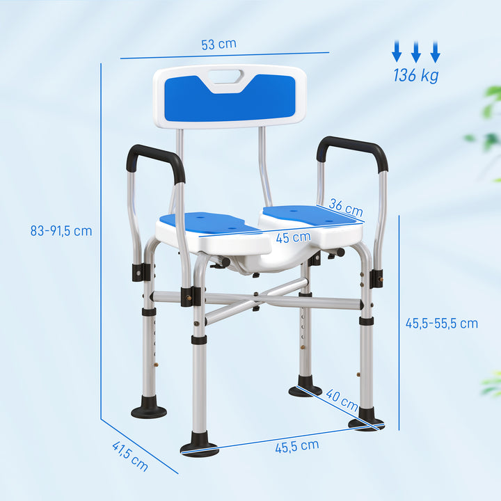 Assento de Duche para Pessoas Idosas Assento de Duche com Assento Ranhurado Altura Ajustável Banco de Duche Antiderrapante com Encosto e Apoio para os Braços Carga 136 kg Azul