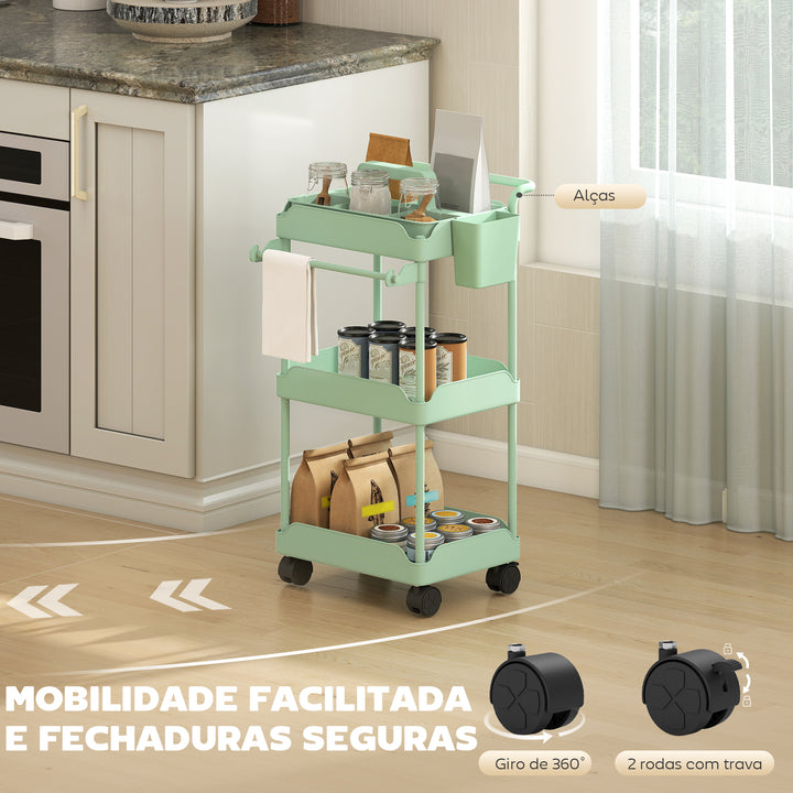 Carrinho Auxiliar com Rodas de 3 Níveis Carrinho de Cozinha com Cestos Extraíveis Rodas com Travão Suporte para Toalhas e Estrutura de Metal Carrinho de Serviço para Casa de Banho 42x42,5x76 cm Verde