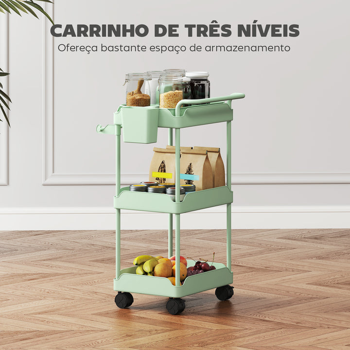 Carrinho Auxiliar com Rodas de 3 Níveis Carrinho de Cozinha com Cestos Extraíveis Rodas com Travão Suporte para Toalhas e Estrutura de Metal Carrinho de Serviço para Casa de Banho 42x42,5x76 cm Verde