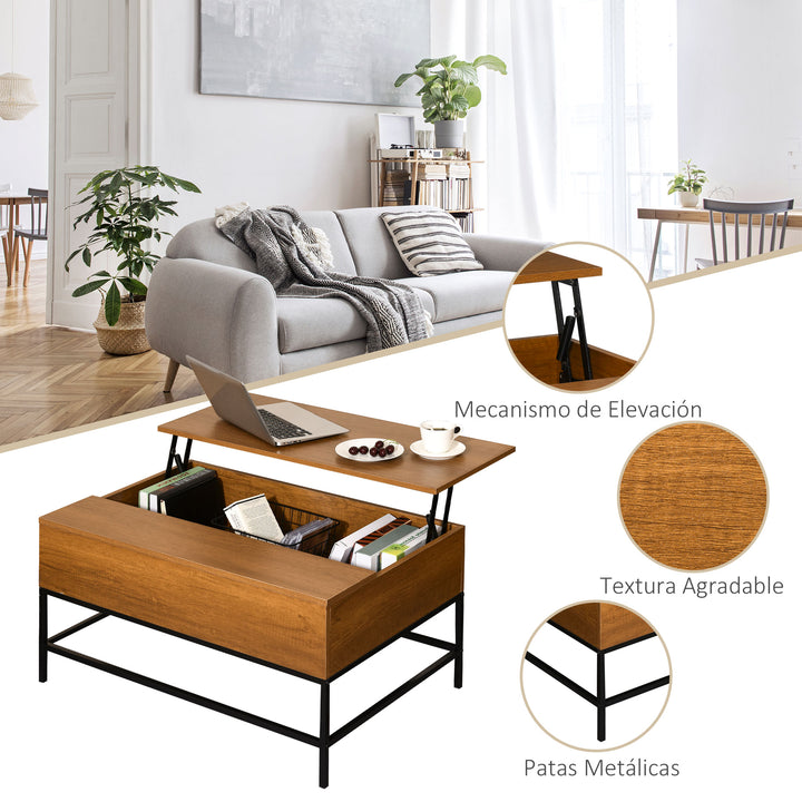 Mesa de centro elevável versátil com armazenamento oculto Pernas de metal para sala de estar Sala de jantar 90x60,5x45,5 cm Teca