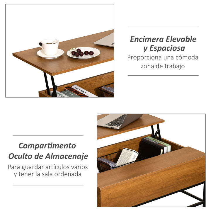 Mesa de centro elevável versátil com armazenamento oculto Pernas de metal para sala de estar Sala de jantar 90x60,5x45,5 cm Teca
