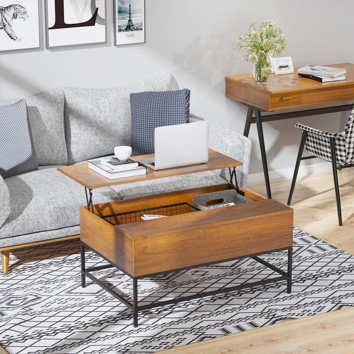 Mesa de centro elevável versátil com armazenamento oculto Pernas de metal para sala de estar Sala de jantar 90x60,5x45,5 cm Teca