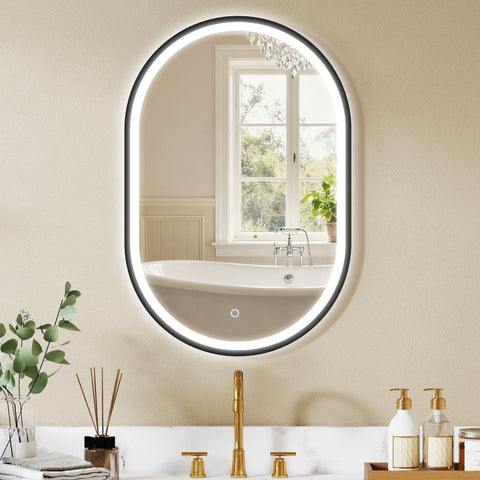 Espelho de Casa de Banho com Luz 60x90 cm Espelho de Parede Oval 3 Cores de Luz Brilho Regulável Função Antiembaçiamento Memória Interruptor Tátil Moldura de Alumínio IP44 Preto